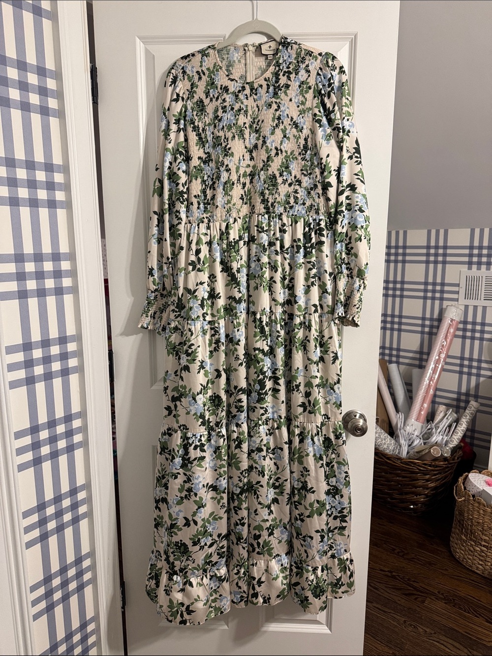 Tuckernuck Floral smocked bodice Tiered Maxi Dress in Cream, Green & Blue